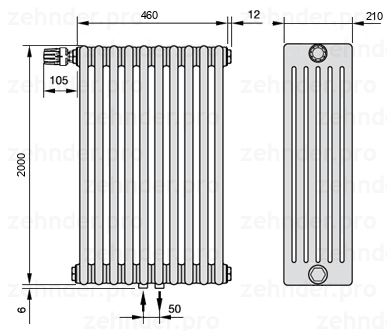 Схема (чертеж) Радиатор Zehnder Charleston 6200/10 №V007 Белый глянцевый RAL 9016